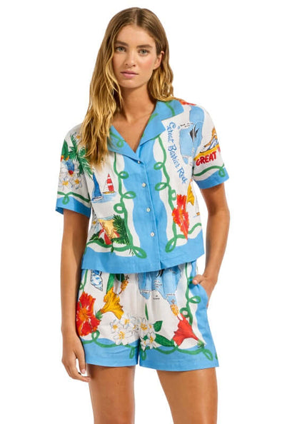 Viva Vacation Crop Shirt by Seafolly featuring a vibrant blue vacation print and relaxed crop style, perfect for beach days.