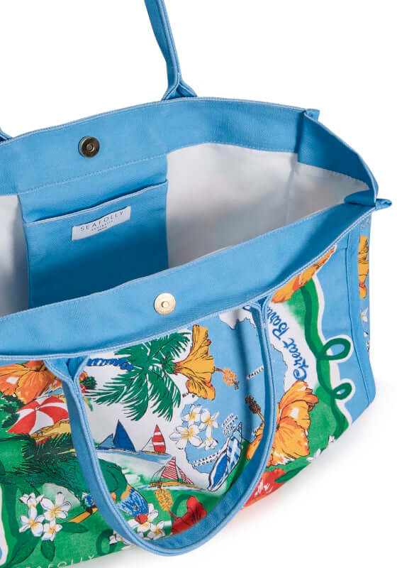 Viva Vacation Tote Bag by Seafolly showing a spacious, colorful interior with handmade strap details.