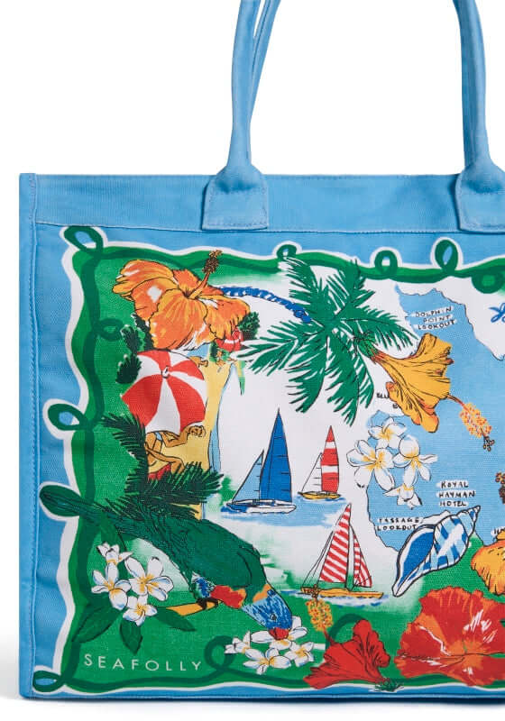 Viva Vacation Tote Bag by Seafolly in bright blue with tropical print, perfect for beach holidays.