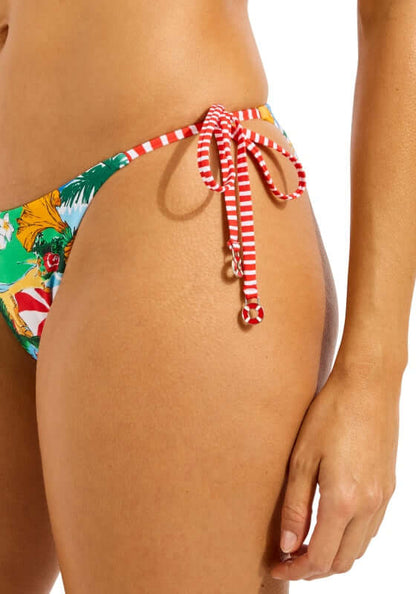 Viva Vacation Tie Side Bikini Bottoms by Seafolly, featuring a colorful pattern and striped tie side detail.