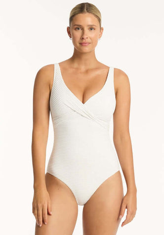 Spinnaker Cross Front Swimsuit White by Sea Level, featuring a flattering v neckline and cross front detailing with adjustable straps.