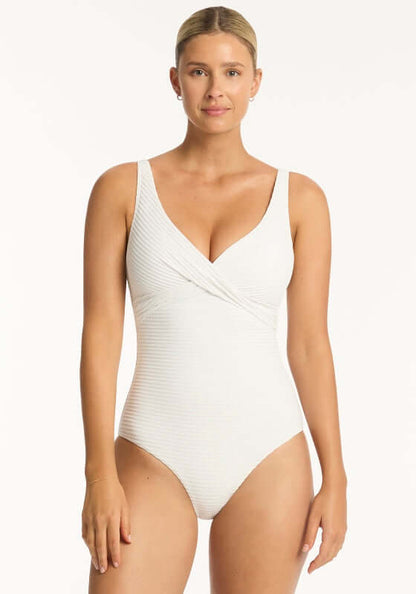 Spinnaker Cross Front Swimsuit White by Sea Level, featuring a flattering v neckline and cross front detailing with adjustable straps.