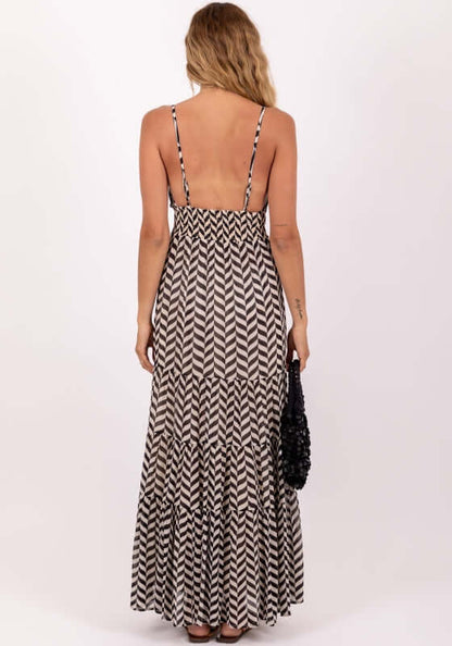 Ditta Dress Black and White by Sundress, back view showcasing the tiered design and flattering fit.