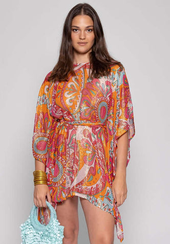 Livy Kaftan Havana Framboise by Sundress in vibrant psychedelic print with shiny threads and optional belt.