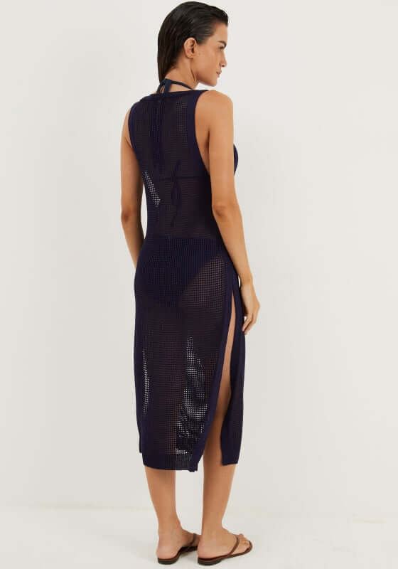 Hanna Long Cover Up Sailboat by Vix shown from the back, featuring a relaxed fit with side slits and boat neckline.