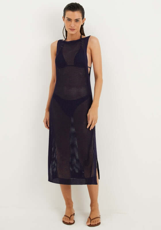 Hanna Long Cover Up Sailboat by Vix, showcasing a relaxed fit with a boat neckline and side slits, perfect for poolside.