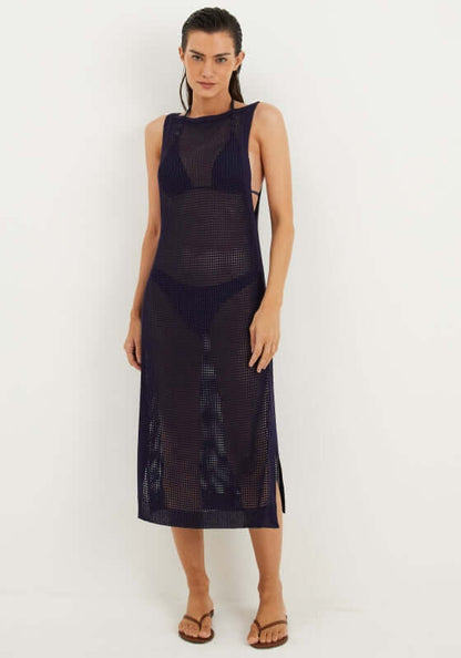 Hanna Long Cover Up Sailboat by Vix, showcasing a relaxed fit with a boat neckline and side slits, perfect for poolside.