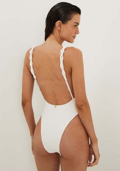 Leanne Swimsuit White by Vix, featuring a scoop neckline, open back, and adjustable stylish straps.