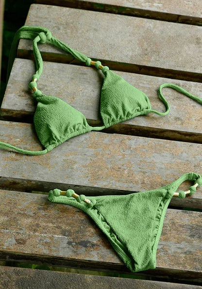 Firenze Paula Bikini Paradiso by Vix, green triangle bikini top and bottom with unique knots and bead details.