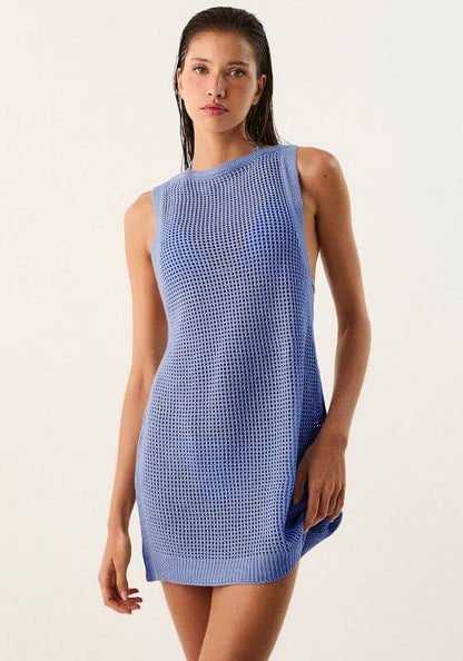 Erika Knit Cover Up Seaspell by Vix Swimwear, model wearing light blue knit cover-up dress.