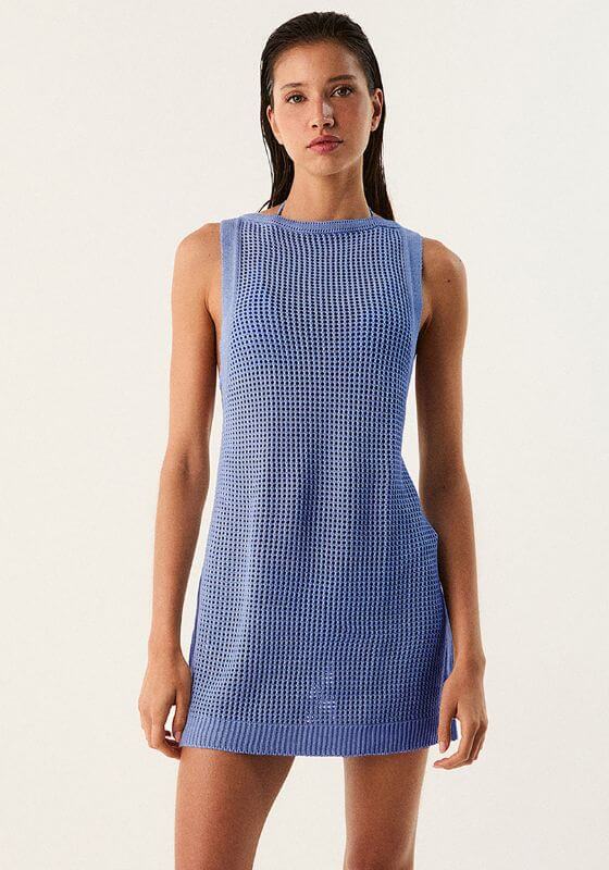 Erika Knit Cover Up Seaspell by Vix Swimwear, model wearing light blue short knit beach cover up.