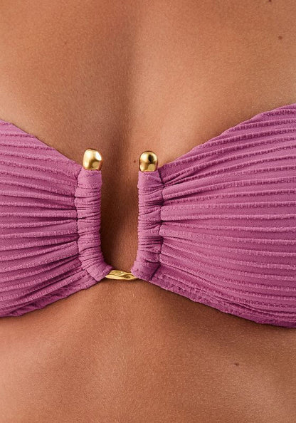 Dune Floraline Jill Bandeau Bikini Top by Vix Swimwear, close-up of the textured fabric with gold accents.
