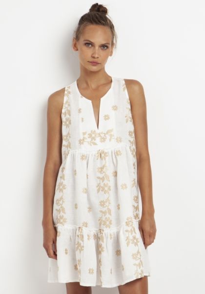 Kori, White tired floral embroidered dress in white 