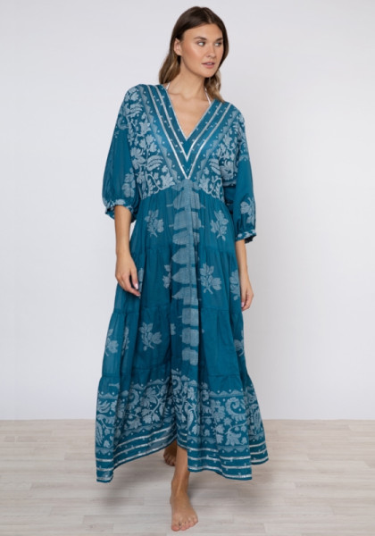 Juliet Dunn V neck petrol blue dhaka print dress 