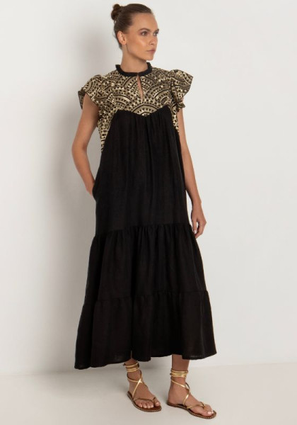 Greek Archaic Kori Black Ruffle Shoulder Midi Dress