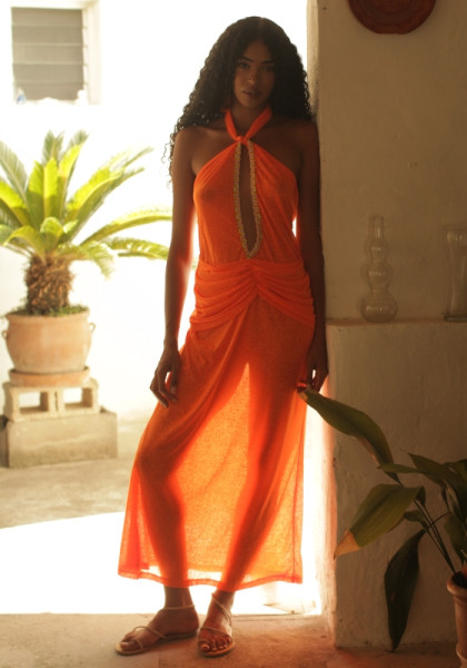 Pitusa Cut Out Halter Maxi Dress in Tangerine
