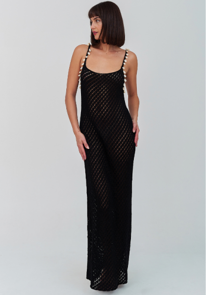 Puka Crochet Long Dress Black