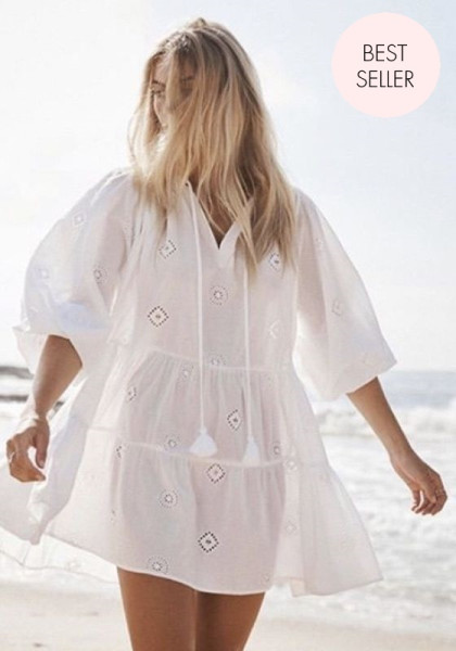 Embroidered Sleeve Tiered Dress White